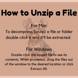 Pu&ograve; includere: Un'illustrazione di un cane di cartone animato con istruzioni su come decomprimere un file su un computer Mac e Windows. Il testo dice "Come decomprimere un file", "Per Mac", "Per decomprimere (decomprimere) un file o una cartella, fai doppio clic su di esso e verr&agrave; estratto", "Per Windows", "Fai doppio clic sul file compresso per vedere il suo contenuto. Quando richiesto, trascina i file fuori dalla finestra nella posizione desiderata o fai clic su Estrai tutto."