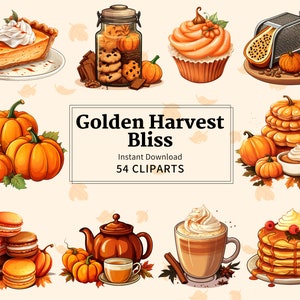 Pode incluir: Uma coleção de 54 imagens de clipart com tema de outono, incluindo abóboras, uma torta de abóbora, um cupcake, um pote de biscoitos, uma bebida de café, uma pilha de panquecas, um bule e macarons. O texto "Golden Harvest Bliss" e "54 CLIPARTS" é exibido em uma faixa branca.