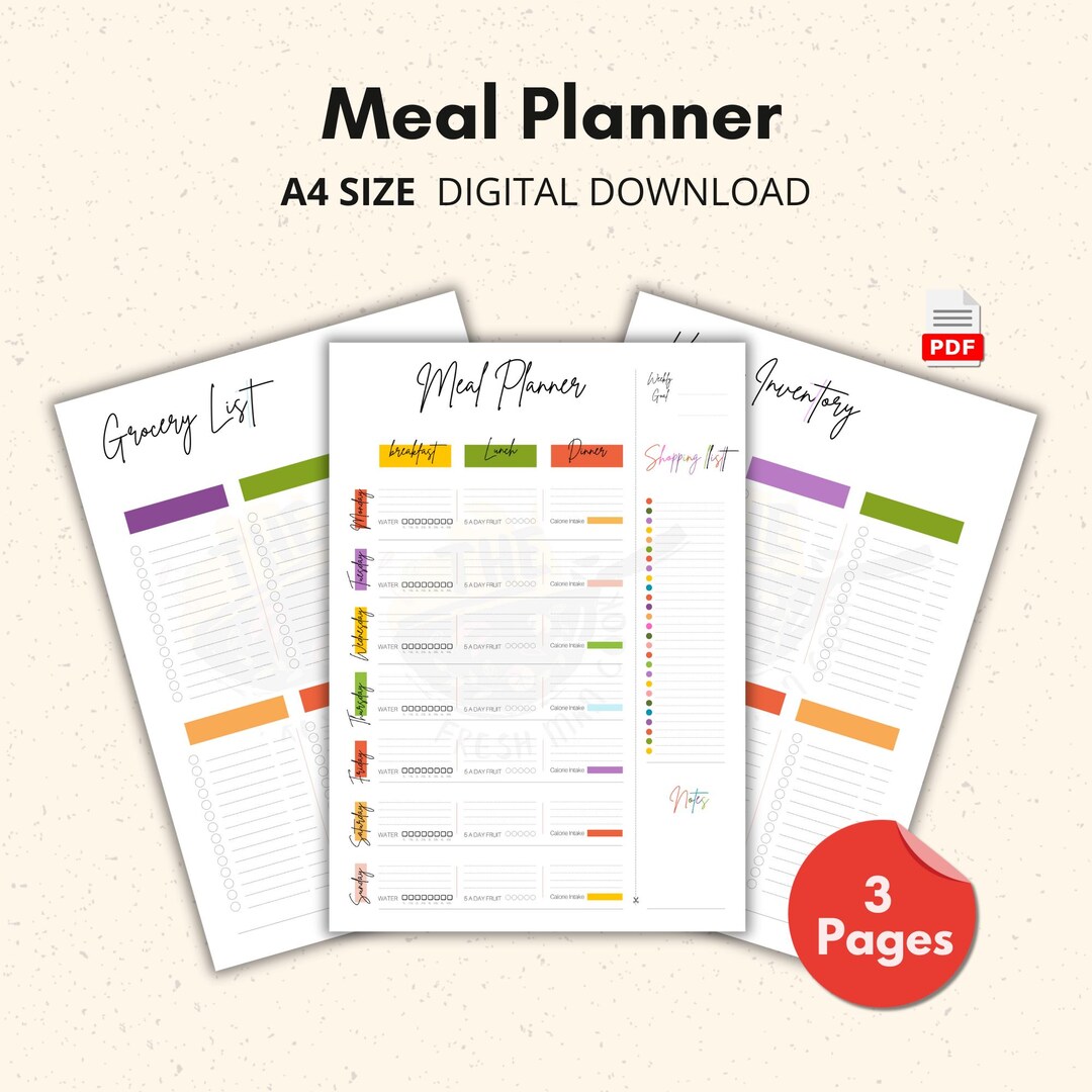 Meal Tracker Portrait A4 Size Instant Download Meal Planner Printable ...