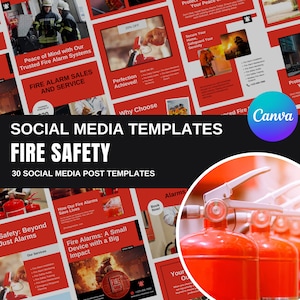 May include: A collection of 30 social media post templates for fire safety. The templates feature red fire extinguishers, a firefighter, and the text "Fire Safety" and "30 Social Media Post Templates".