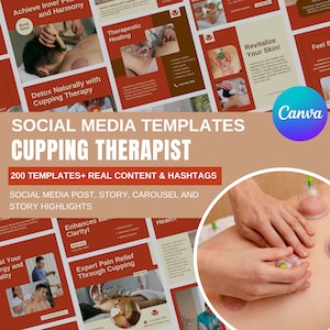 May include: A promotional image for a cupping therapist, featuring a collage of social media templates. The templates showcase cupping therapy benefits, with text like "Detox Naturally" and "Expert Pain Relief." The image includes a Canva logo.
