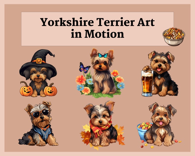 Pu&ograve; includere: Sei illustrazioni di Yorkshire Terrier in varie pose. Un cane indossa un cappello da strega, un altro indossa occhiali da sole, un altro indossa una sciarpa, un altro tiene un bicchiere di birra, un altro tiene una ciotola di cibo per cani e un altro indossa una farfalla sulla testa.