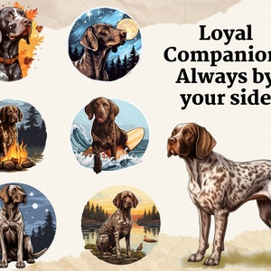 May include: A brown and white German Shorthaired Pointer dog in various settings. The dog is shown in a forest, on a surfboard, by a campfire, and in a field. The text "Loyal Companion: Always by your side" is displayed above the dog.
