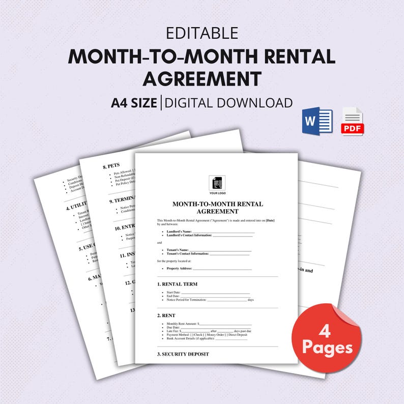 Monthtomonth Rental Agreement Template, Lease Contract, Rental Form
