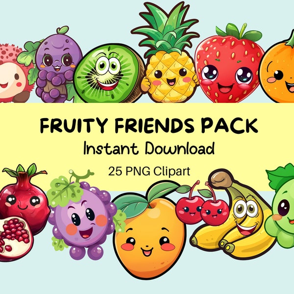 Kawaii Fruit Frenzy: PNG Clipart Pack - 25 schattige fruitontwerpen voor handwerk, prints en meer!