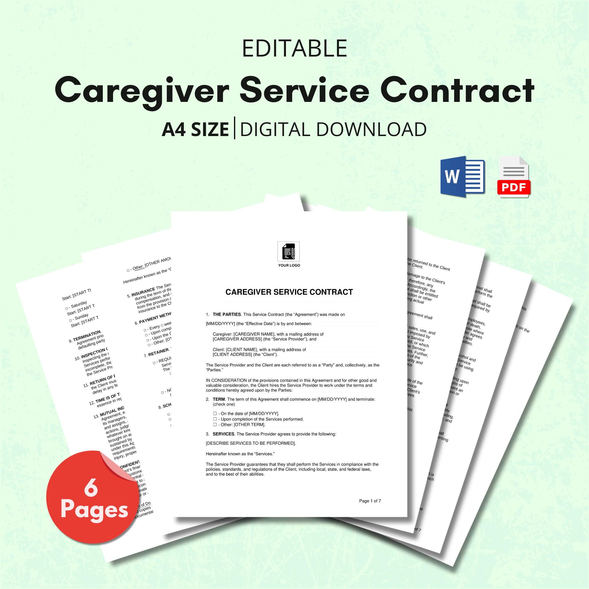Caregiver Agreement Template, Caregiver Contract, Agreement Form Caregiver Agreement Template, Caregiver Contract, Agreement Form