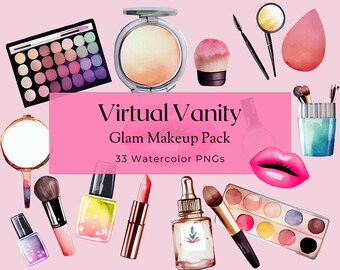 May include: A watercolor illustration of a virtual vanity glam makeup pack with 33 watercolor PNGs. The image features a variety of makeup items, including eyeshadow palettes, lipstick, nail polish, foundation, brushes, and a makeup sponge.