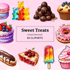 50 zoete lekkernijen Delight cliparts afdrukbare dessertcakes, macarons, jelly bears, ijslolly's, taarten, koekjes, donuts, snoepjes, peperkoekman