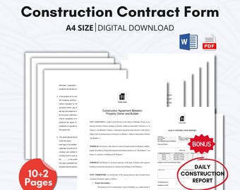 May include: A stack of white construction contract forms with the text "Construction Contract Form" and "A4 SIZE DIGITAL DOWNLOAD". Includes a bonus daily construction report. The forms are labeled "10+2 Pages".