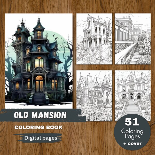 Old Mansion Coloring Page Adults kids Instant Download Grayscale Coloring Page Printable PDF Historic Houses Coloring Pages 51 Digital Pages