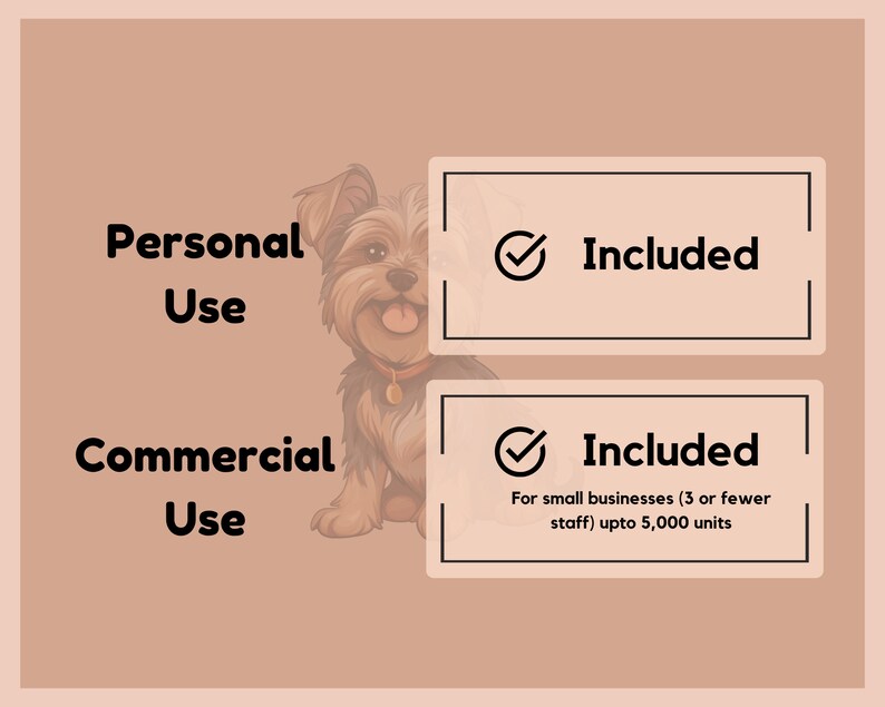 Pu&ograve; includere: Illustrazione di un cane con un segno di spunta accanto al testo "Incluso" per uso personale e commerciale. L'uso commerciale &egrave; per piccole imprese con 3 o meno dipendenti e fino a 5.000 unit&agrave;.