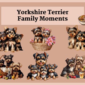 Pu&ograve; includere: Una collezione di sei immagini con cuccioli di Yorkshire Terrier in vari momenti familiari. Le immagini mostrano i cuccioli che giocano, si coccolano e si godono la compagnia l'uno dell'altro. Le immagini sono su uno sfondo marrone chiaro.
