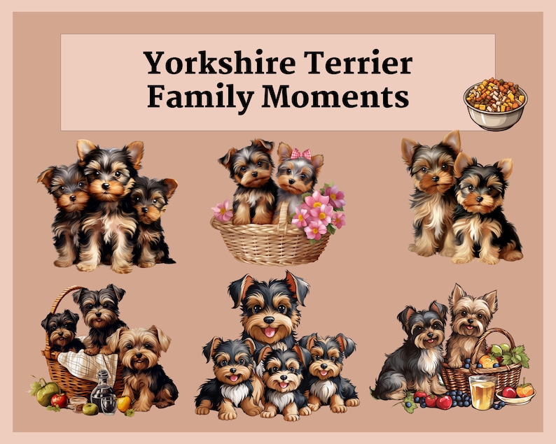 Pu&ograve; includere: Una collezione di sei immagini con cuccioli di Yorkshire Terrier in vari momenti familiari. Le immagini mostrano i cuccioli che giocano, si coccolano e si godono la compagnia l'uno dell'altro. Le immagini sono su uno sfondo marrone chiaro.