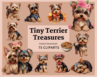 Op de afbeelding: Een verzameling van 75 digitale clipart-afbeeldingen met schattige Yorkshire Terrier-puppy's in verschillende poses. De afbeeldingen zijn perfect voor knutselprojecten, scrapbooking en digitaal ontwerp.