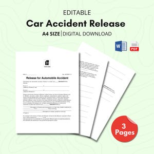 Può includere: Un download digitale di un modulo di rilascio per incidente d'auto modificabile. Il documento in formato A4 include uno spazio per un logo. L'immagine mostra tre pagine, con un adesivo rosso che indica "3 Pagine".