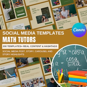 May include: A promotional image for math tutors, featuring a collage of social media templates. The design includes text overlays such as "Math Tutors," "200 Templates," and "Social Media Post." The image also shows a chalkboard with math equations and colorful books.