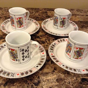 Royal Flush Poker Card Mugs with Matching Dessert Plates: 8-Piece Set