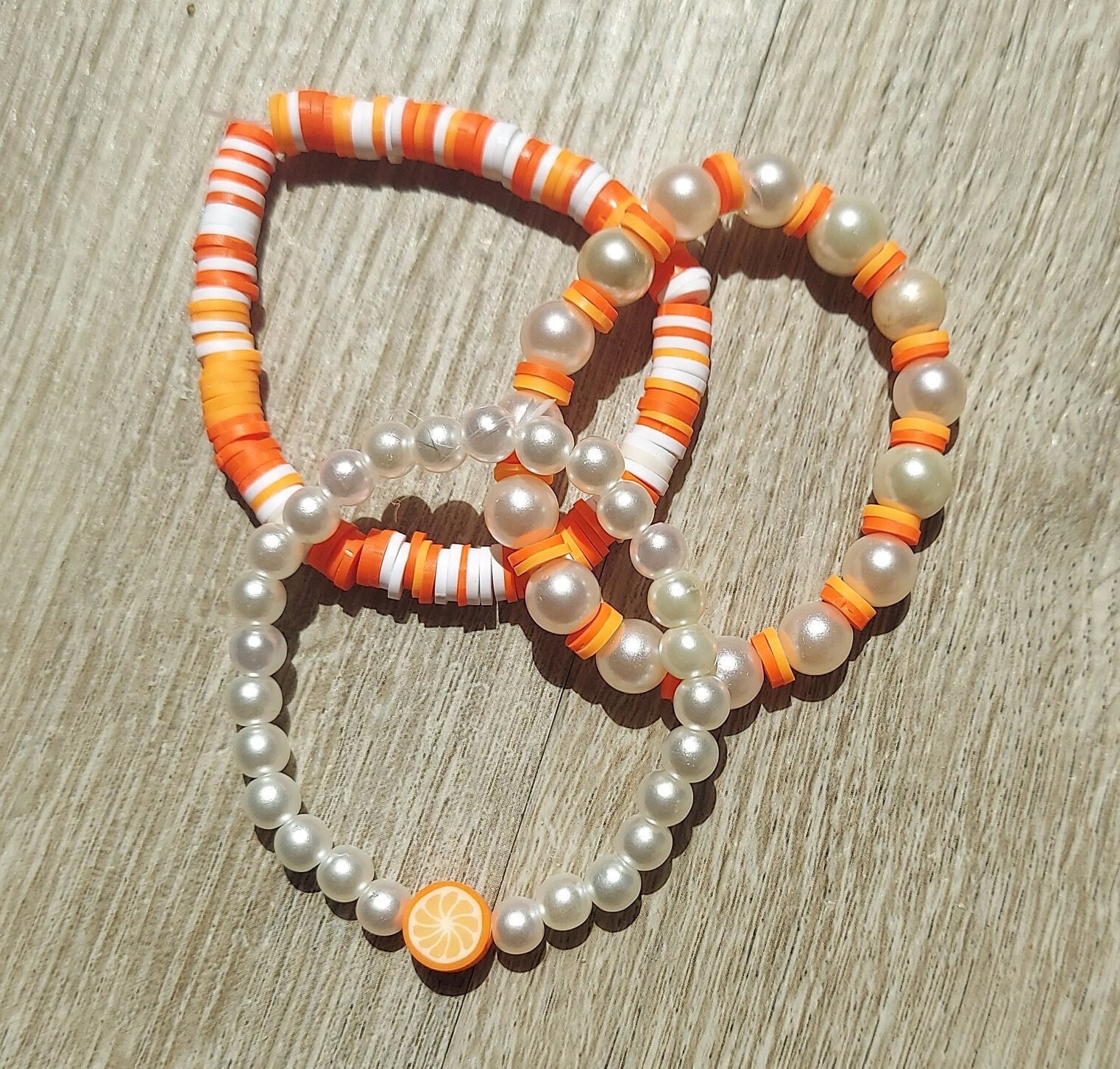 Orange Vibes Trio Set (mixed Clay Beads, Bracelet, Orange, White) - Etsy