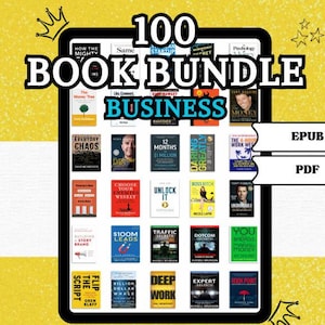 Pode incluir: Uma ilustração digital amarela e branca de uma tela de tablet que mostra uma coleção de 100 livros de negócios. O texto "100 BOOK BUNDLE BUSINESS" é exibido em letras grandes e em negrito na parte superior da tela. O texto "EPUB" e "PDF" é exibido no canto inferior direito da tela.
