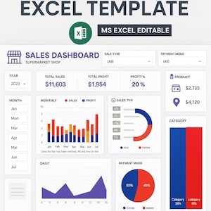 Puede incluir: Plantilla de panel de ventas interactivo de Excel con un diseño moderno. La plantilla muestra datos de ventas con gráficos, incluidas las ventas mensuales, el tipo de venta y el modo de pago. El panel es editable en MS Excel.