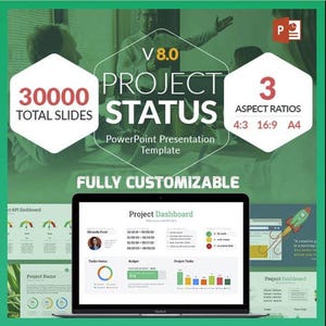 May include: A green and white PowerPoint presentation template with the text "Project Status" and "30,000 Total Slides". The template is fully customizable and includes 3 aspect ratios: 4:3, 16:9, and A4.