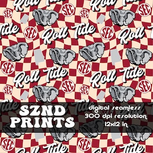 May include: A digital seamless pattern with a repeating design of grey elephant heads, the words "Roll Tide", the SEC logo, and the outline of Alabama on a red and cream checkered background. The text "SZND PRINTS" is also present.