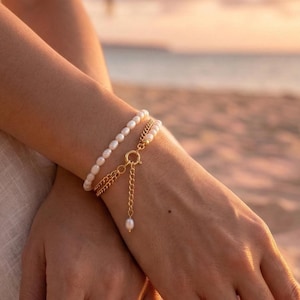 Minimalist Pearl Bracelet Set, Freshwater Pearl Bracelet Stack, Gold Bangle Bracelet, Dainty Beach Jewelry, Bridal Bracelet