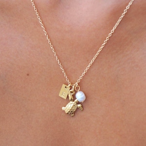 Könnte beinhalten: Eine goldfarbene Halskette mit feiner Kette. Sie hat einen Schildkrötenanhänger, ein kleines rechteckiges Etikett und eine weiße Perle. Der Schildkrötenanhänger ist detailliert.
