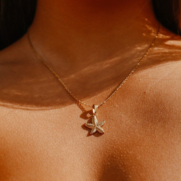 Starfish Gold Necklace, Adjustable Length, Seastar Charm, 14k Gold Plated Pendant, Waterproof Jewelry, Sea Creature, Summer, Boho, Surfer
