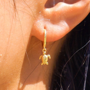 May include: A gold-colored hoop earring with a small turtle charm. The earring is worn on the ear of a person with dark hair. The turtle charm is detailed and textured, adding visual interest to the jewelry.
