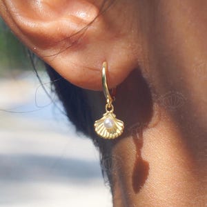 Boucles d'oreilles coquillage, Perle d'eau douce, Or vermeil, Bijoux de plage imperméables, Petites boucles d'oreilles, Surfeur, Hypoallergénique, Sirène, Par paire