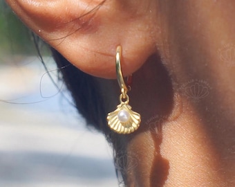 Seashell Earrings, Freshwater Pearl, Gold Vermeil, Waterproof Beach Jewelry, Tiny Earrings, Surfer, Hypoallergenic, Mermaid, Come in Pairs