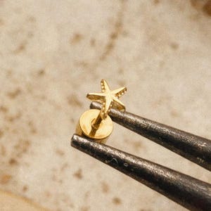以下が含まれることがあります： ピンセットで持たれた、小さな金色の星型のイヤリング。 イヤリングにはポストと小さな丸い裏側が付いています。 星には5つのポイントがあり、小さなへこみで詳細に描かれています。 背景は、セピアトーンのテクスチャ加工された表面です。