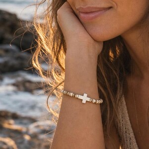 Coconut Shell Cross Bracelet, Beachy Surfer Bracelet, Cream Resin Bead Stretch Bracelet, Summer Coastal Gift