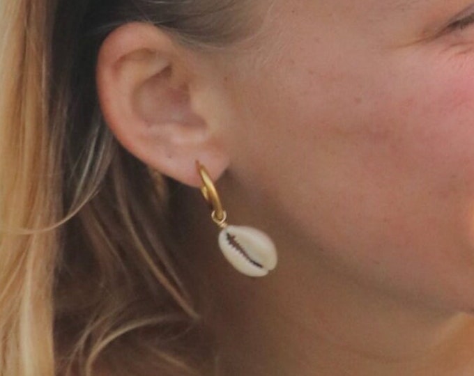 Cowrie Shell Earrings, Waterproof 18k Gold Hoops, Ocean Jewelry, Nature Huggies, Reef Beach Earrings, Hypoallergenic Earrings, Come in Pairs