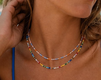 Colorful Seed Bead Necklace, Rainbow or Pink Blue Orange Choker, Summer Layering Necklace Set, Beach Jewelry