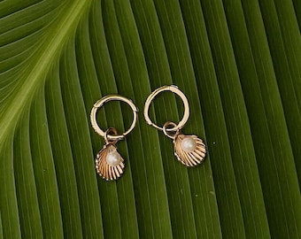 Muschel Ohrringe, Süßwasser Perle, Gold Vermeil, Wasserdichter Strand Schmuck, kleine Ohrringe, Surfer Accessoire, hypoallergen, Mermaidcore