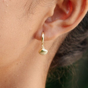 May include: Gold hoop earrings with a small seashell charm hanging from the bottom.