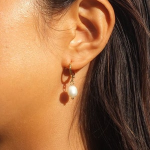 Puede incluir: Pendientes de aro de oro con una sola perla blanca colgando de cada aro.