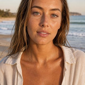 May include: A delicate gold chain necklace resting on a person's skin. The necklace is thin and appears to be made of small, connected links. The person is wearing a light-colored button-down shirt, with the ocean in the background.