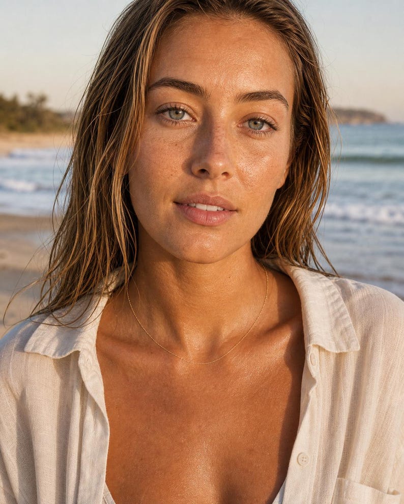 May include: A delicate gold chain necklace resting on a person's skin. The necklace is thin and appears to be made of small, connected links. The person is wearing a light-colored button-down shirt, with the ocean in the background.
