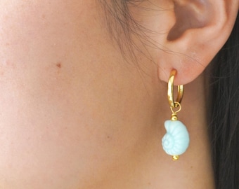 Aqua Ceramic Seashell Dangle Earrings with Gold Vermeil Hoops, Waterproof Beachy Summer Minimalist Jewelry