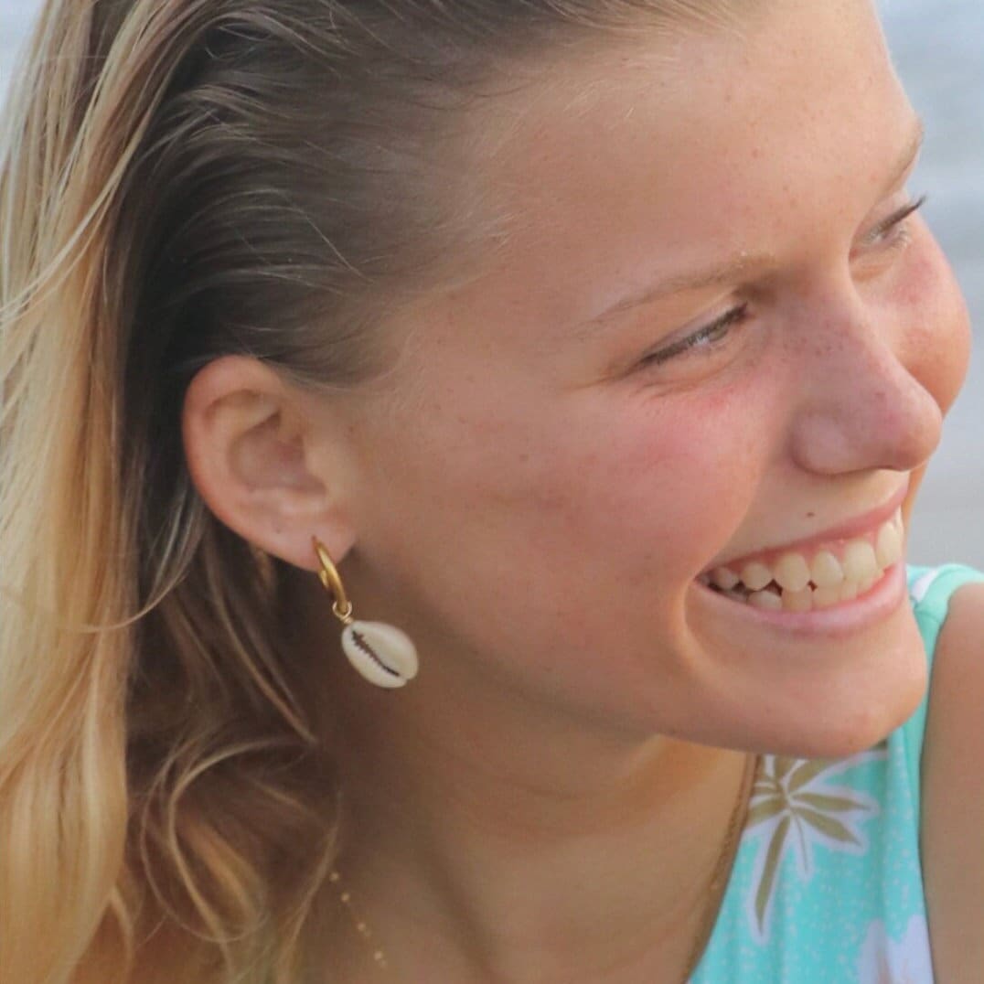 Cowrie Shell Earrings, Waterproof 18k Gold Hoops, Ocean Jewelry, Nature Huggies, Reef Beach Earrings, Hypoallergenic Earrings, Come in Pairs