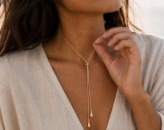 Adjustable Teardrop Lariat Necklace, Gold or Silver Stainless Steel Bolo Y Necklace, Waterproof Coastal Jewelry Gift