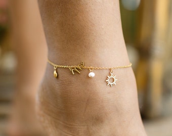 Surfer Girl Anklet, Initial Anklet, Waterproof Beach Jewelry, Handmade Jewelry, Non-tarnish Accessory, Adjustable Length 20+5cm, Boho