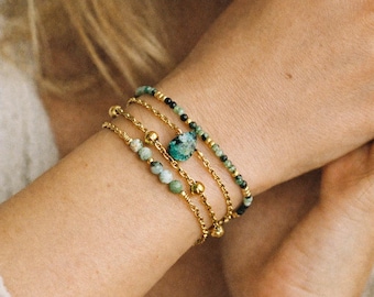 Green African Turquoise Bracelet Set | Gold Layered Beaded Bracelet | Protection & Balance Jewelry | Boho Minimal Gift for Her