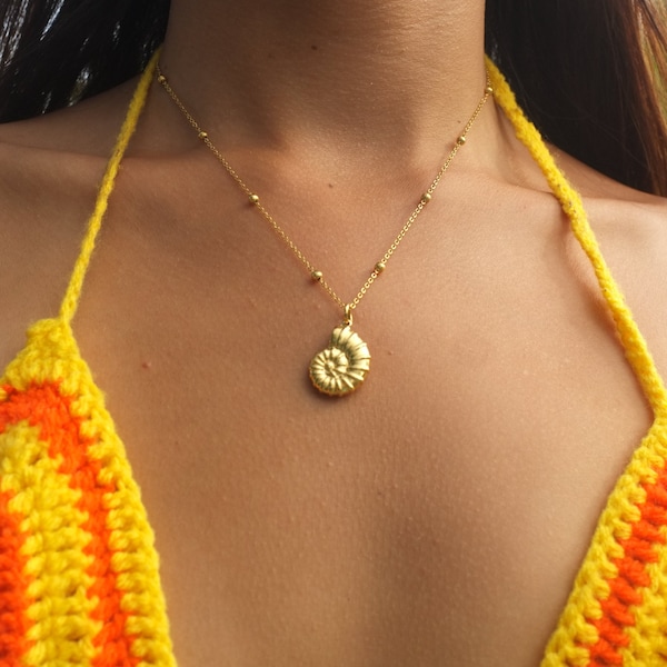 Collar de concha de nautilus, colgante chapado en oro de 18 quilates, joyería oceánica, gargantilla de playa impermeable, hecha a mano, tropical, ajustable, estilo bohemio.