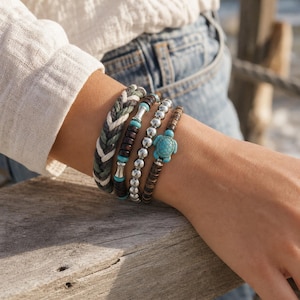 Coastal Cowgirl Bracelet, Turtle, Silver Beads, Wood or Braided Cord, Beach Bracelet Stack, Choose One or Set of Four