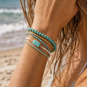 Turquoise Accent Bracelet Stack, Aqua Gold Beaded Bracelet Set, Beach Surfer Bracelet, Dainty Ocean Jewelry Gift image 4