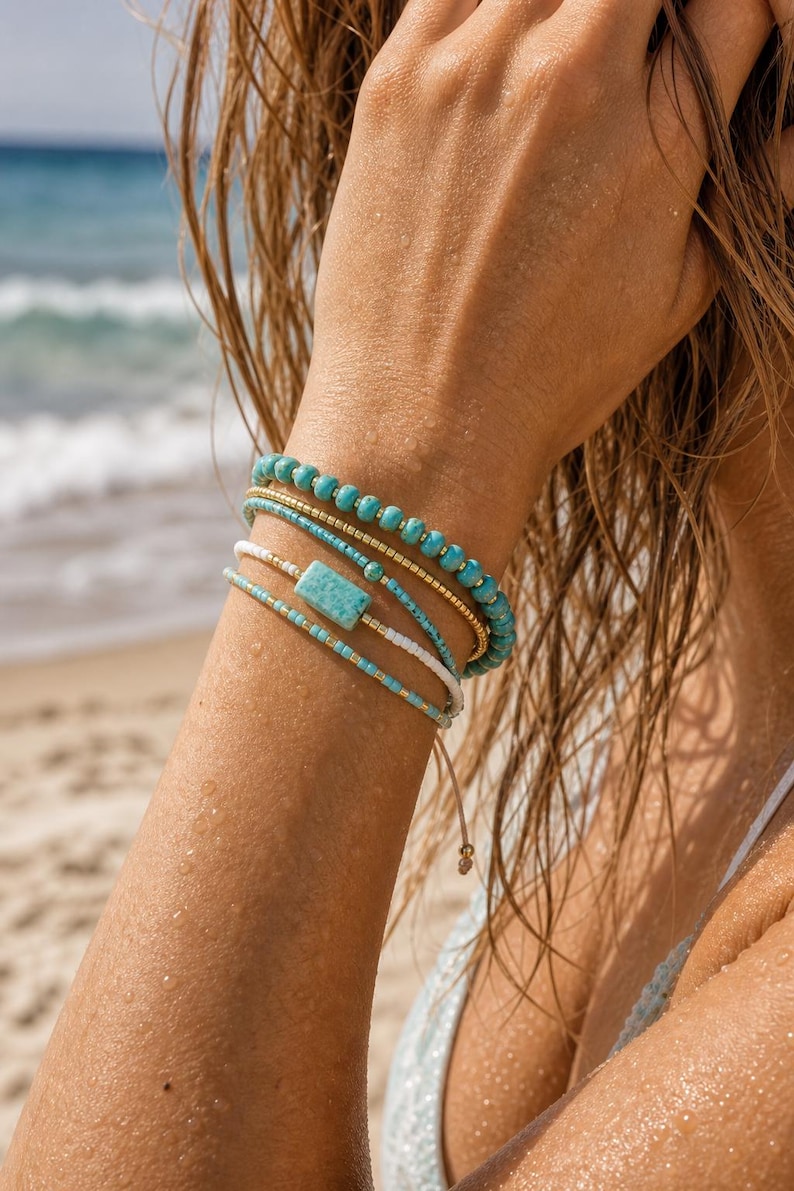 Turquoise Accent Bracelet Stack, Aqua Gold Beaded Bracelet Set, Beach Surfer Bracelet, Dainty Ocean Jewelry Gift image 4